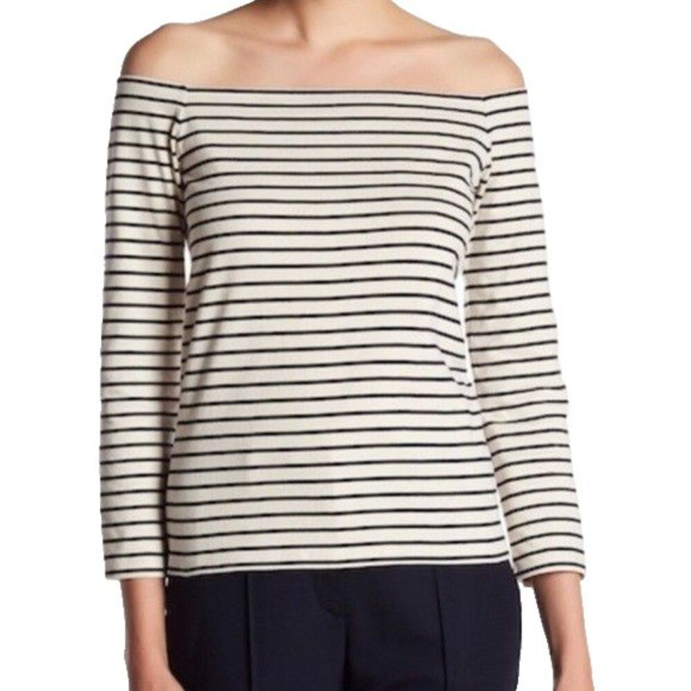 Theory Women's Off Shoulder Knit Top Petite Cream Black Stripe Shirt Cotton